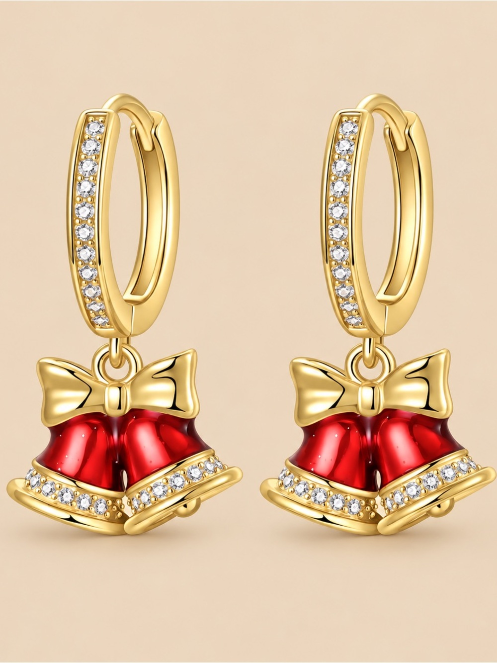 Gold-Tone Red Bell Drop Earrings with Crystals - Holiday Bow Charm